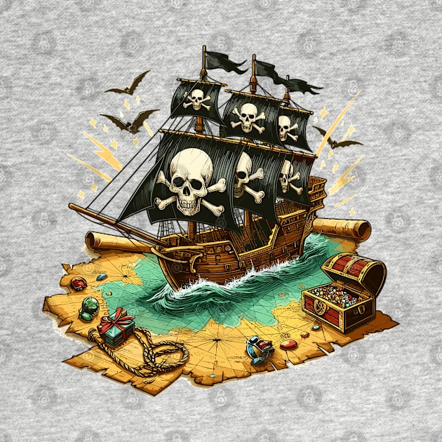 Pirate Ship, Sailing On A Treasure Map by Vehicles-Art